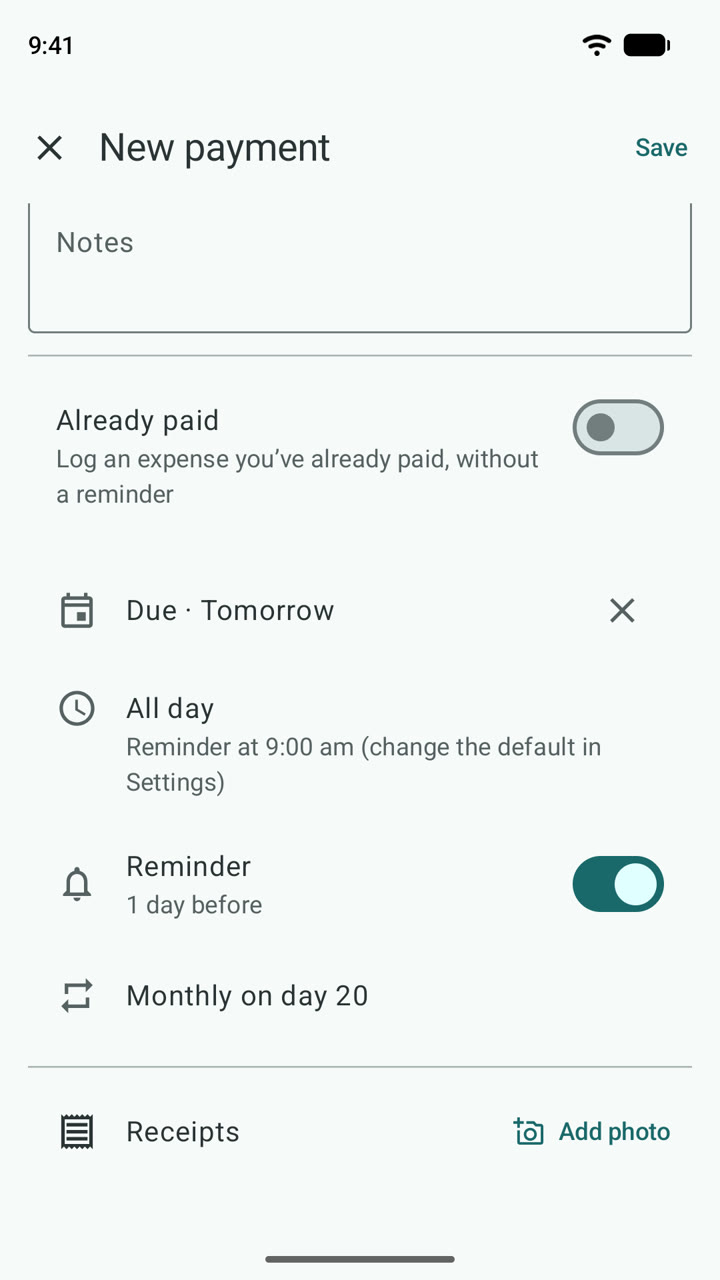 Adding an electricity bill: due tomorrow, reminder 1 day before, repeats monthly on day 20