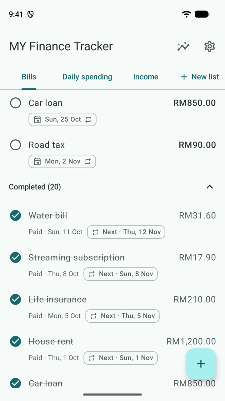 The completed list: paid bills with their paid dates and the date of the next one