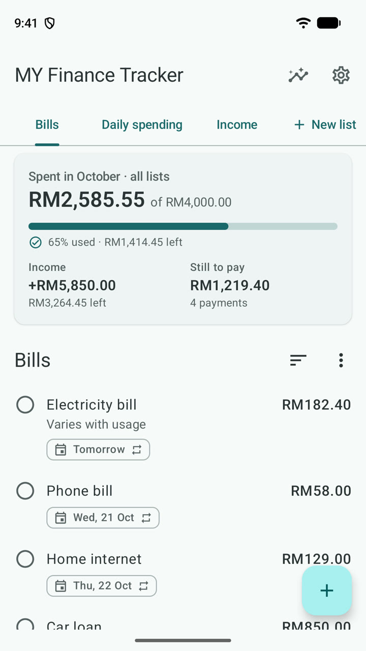 The home screen: October spending against a monthly budget, income, what's still to pay, and upcoming bills with due dates