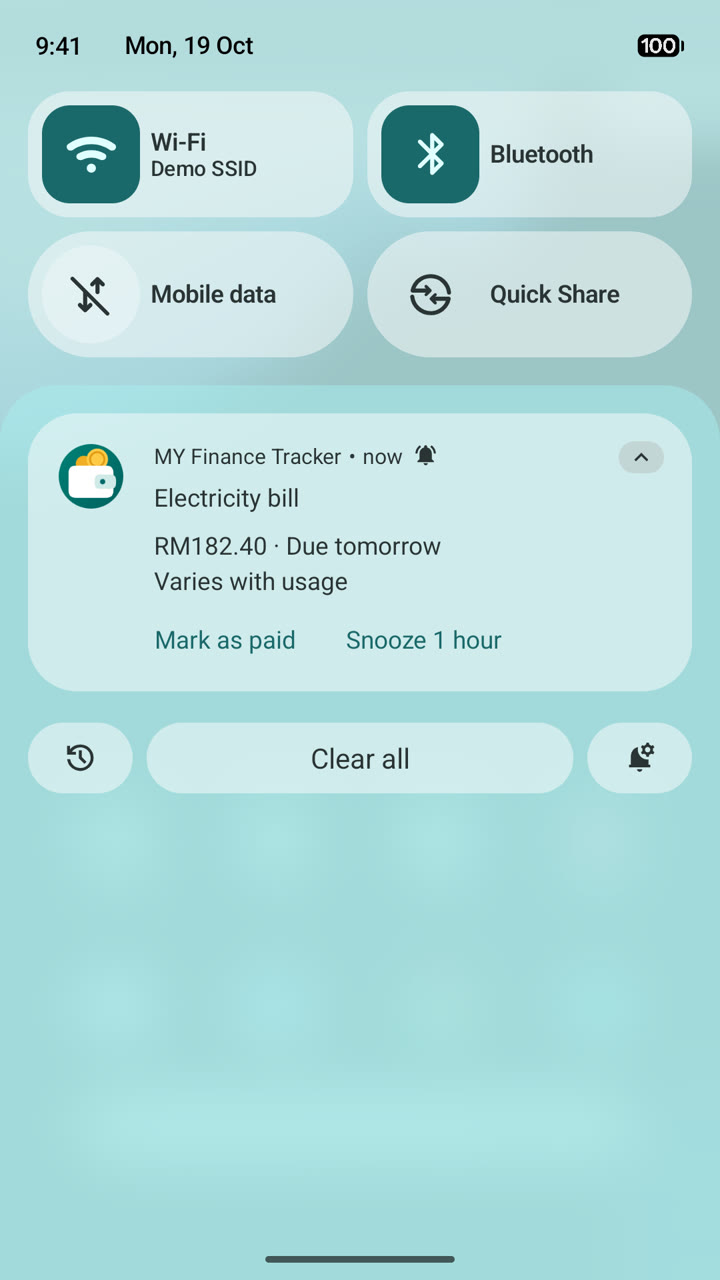 A reminder notification for the electricity bill, RM182.40 due tomorrow, with Mark as paid and Snooze 1 hour buttons
